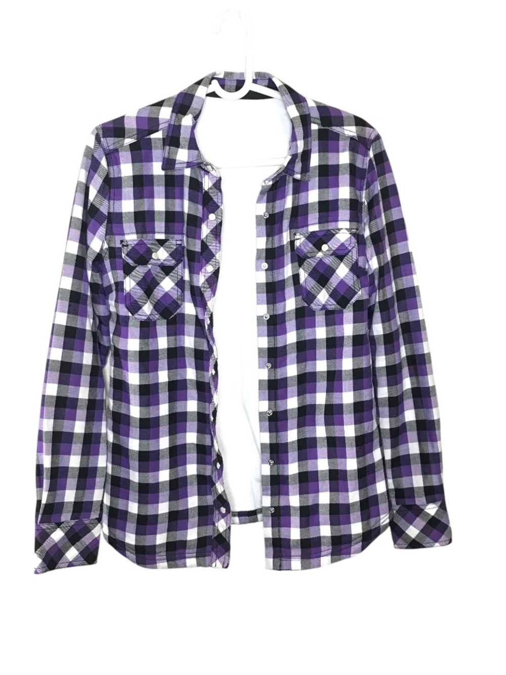 Purple Black White Plaid Fleece Lined Snap Front Flannel Shirt Jacket Size M